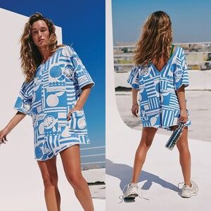 FP Movement Oversized Hot Shot Printed Tee Romper in Sunday Market Zest Blue XS